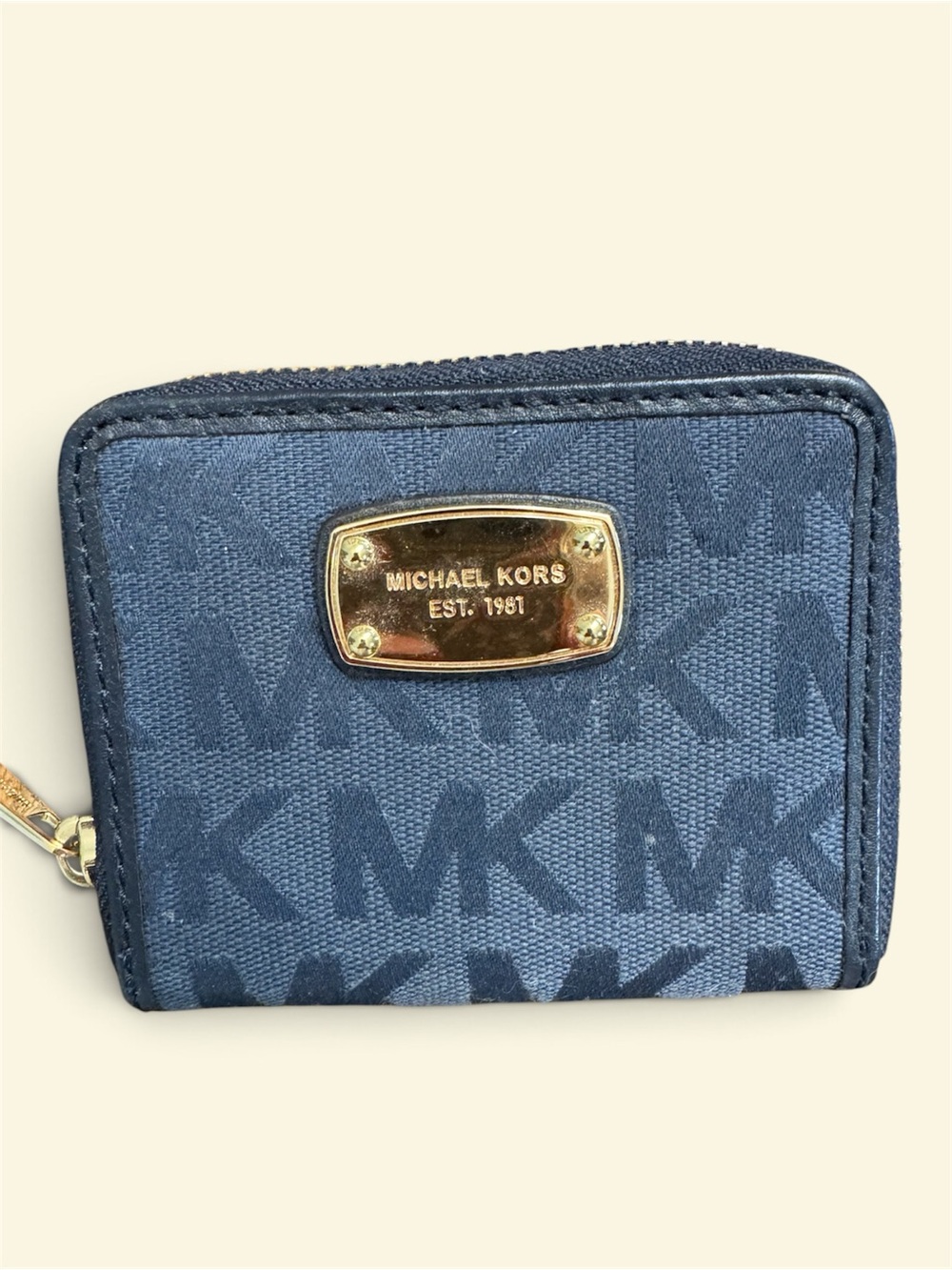 Michael Kors Navy Blue Signature Zip Card Holder with Gold Plaque